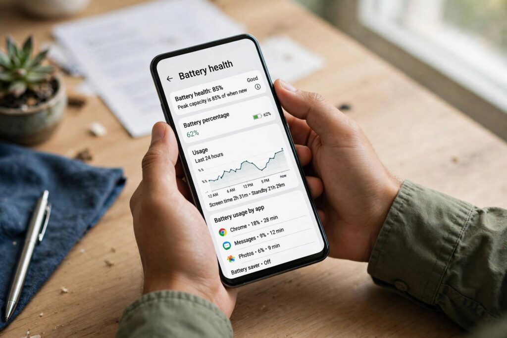 Person checking battery health stats on an Android phone settings screen