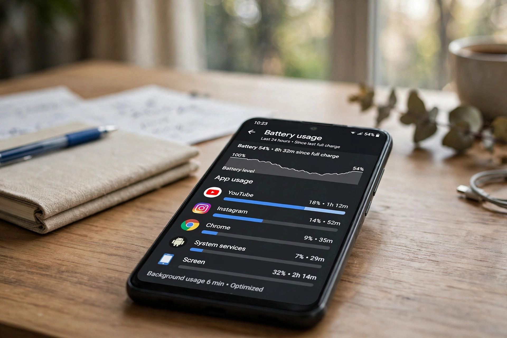 Battery usage statistics screen on an Android phone showing app-by-app drain