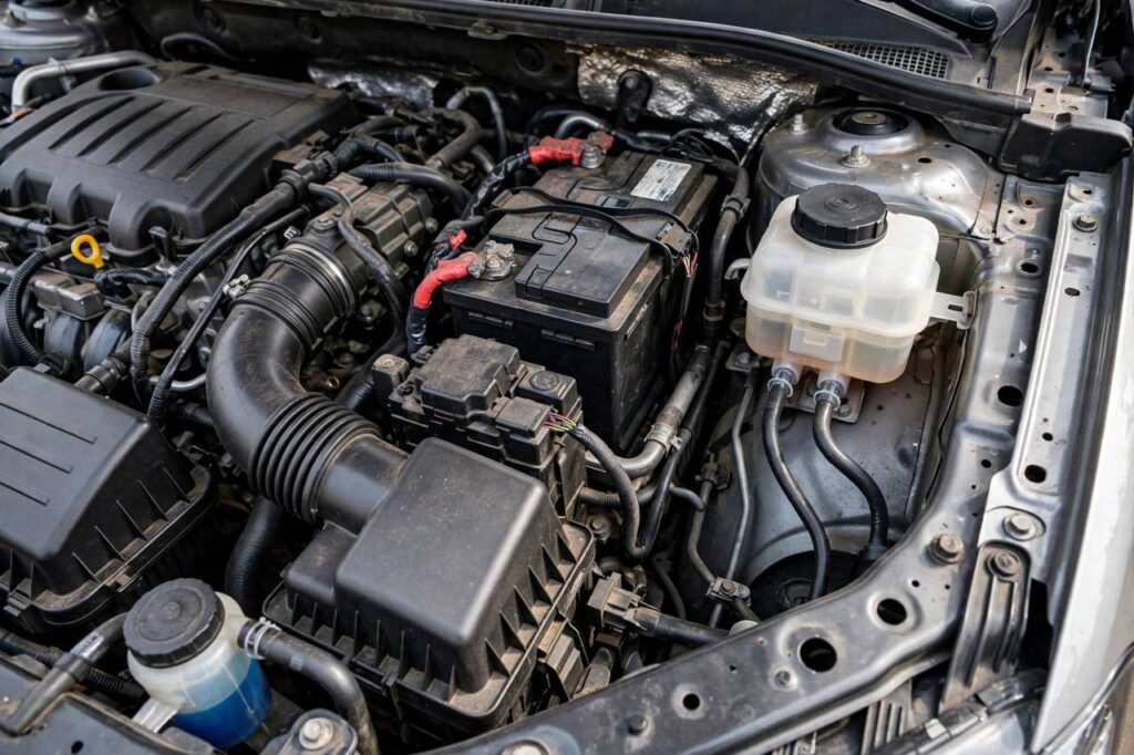 Car engine bay showing the brake fluid reservoir location