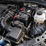 Car engine bay showing the brake fluid reservoir location