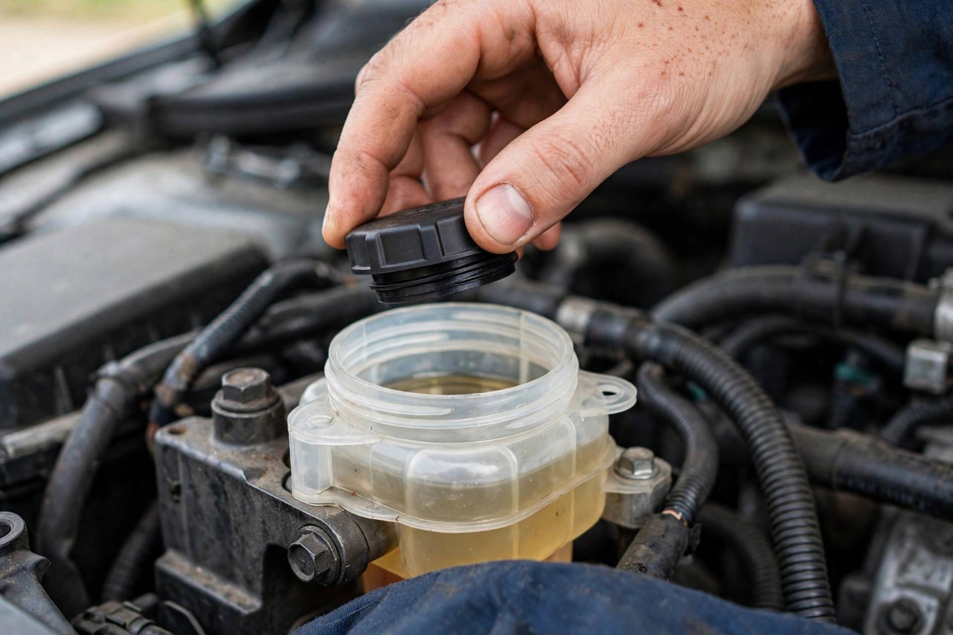 Close-up of brake fluid reservoir with MIN and MAX level markings