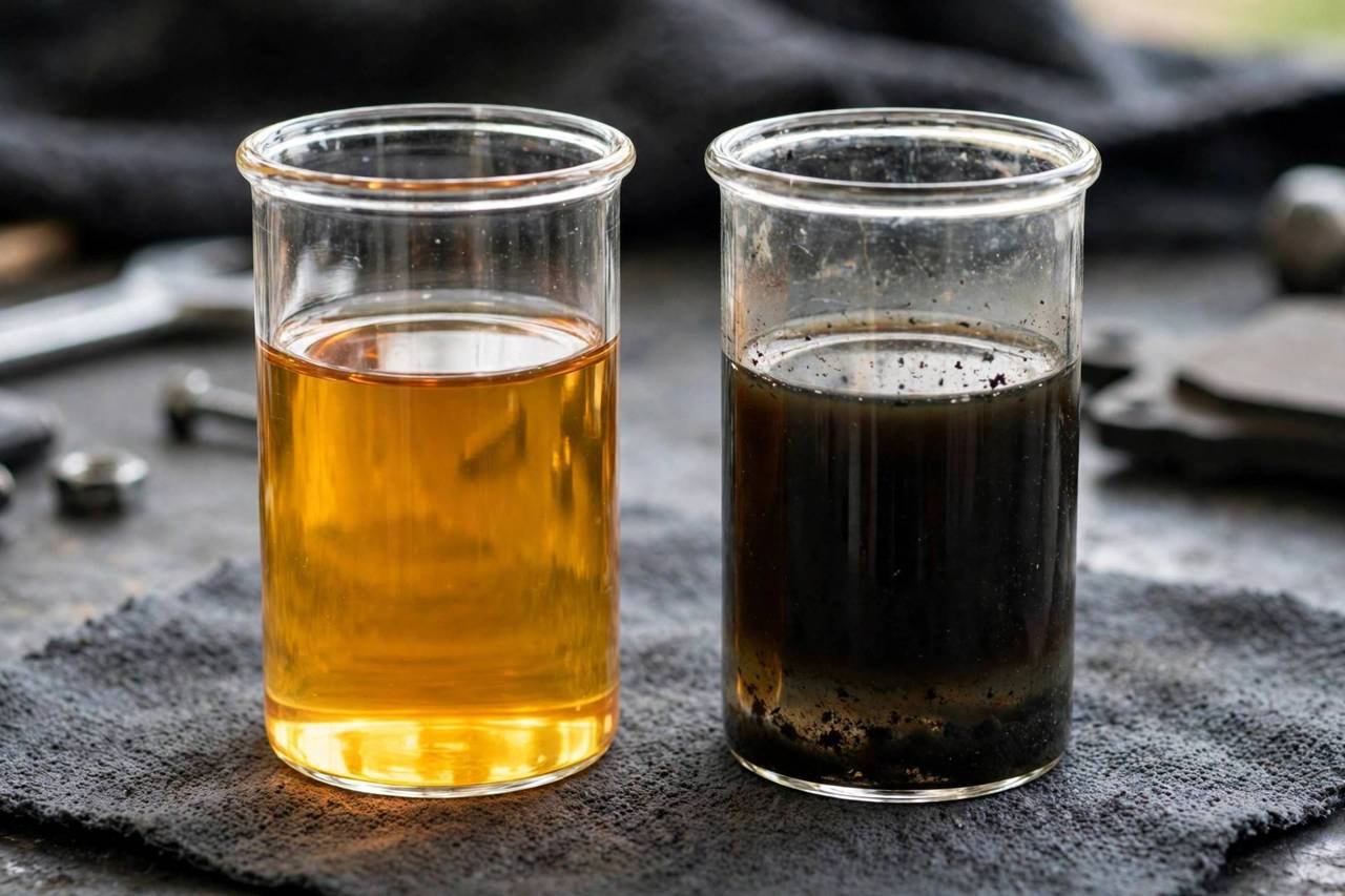 New amber brake fluid compared with old dark contaminated fluid