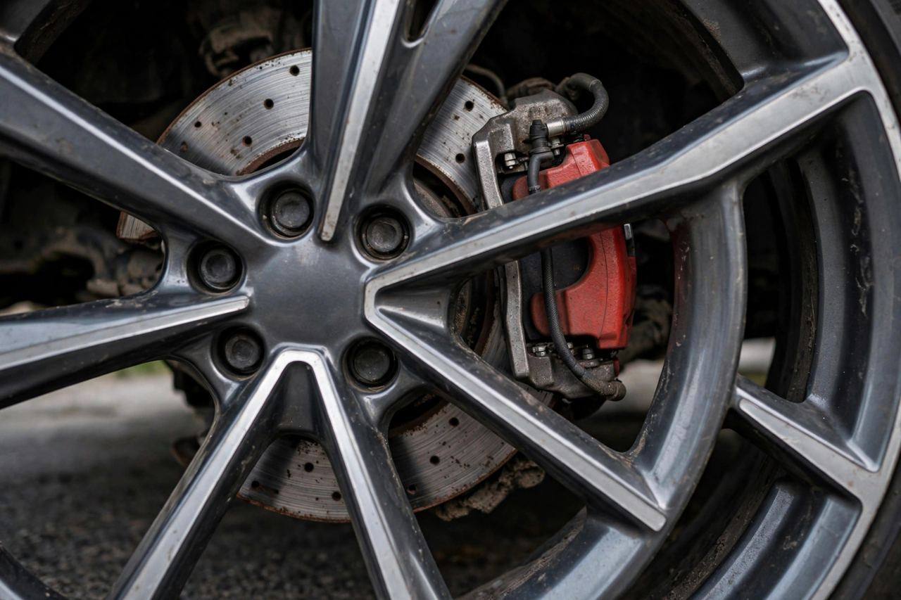 Close-up of a car brake disc and caliper visible through an alloy wheel