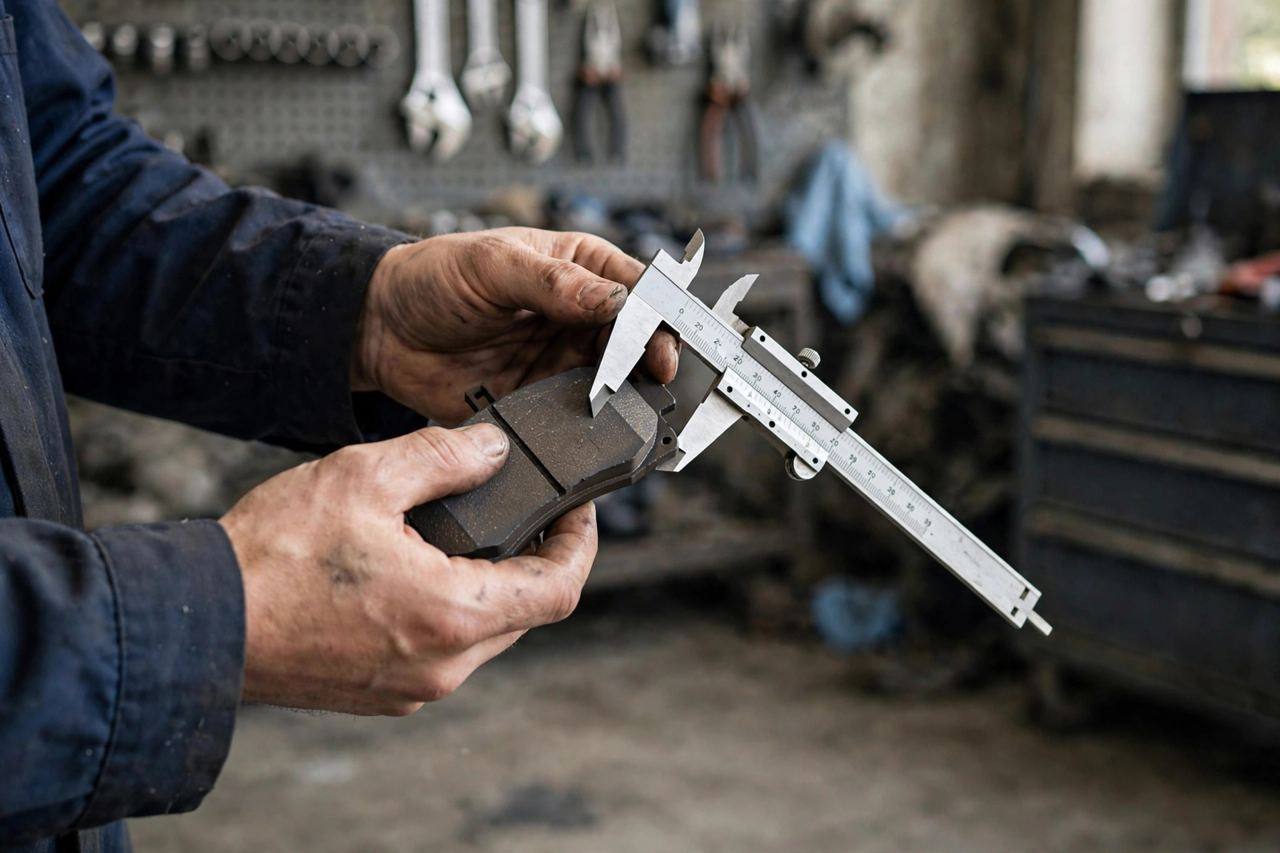 Mechanic's hands inspecting a brake pad with a measuring tool in a garage