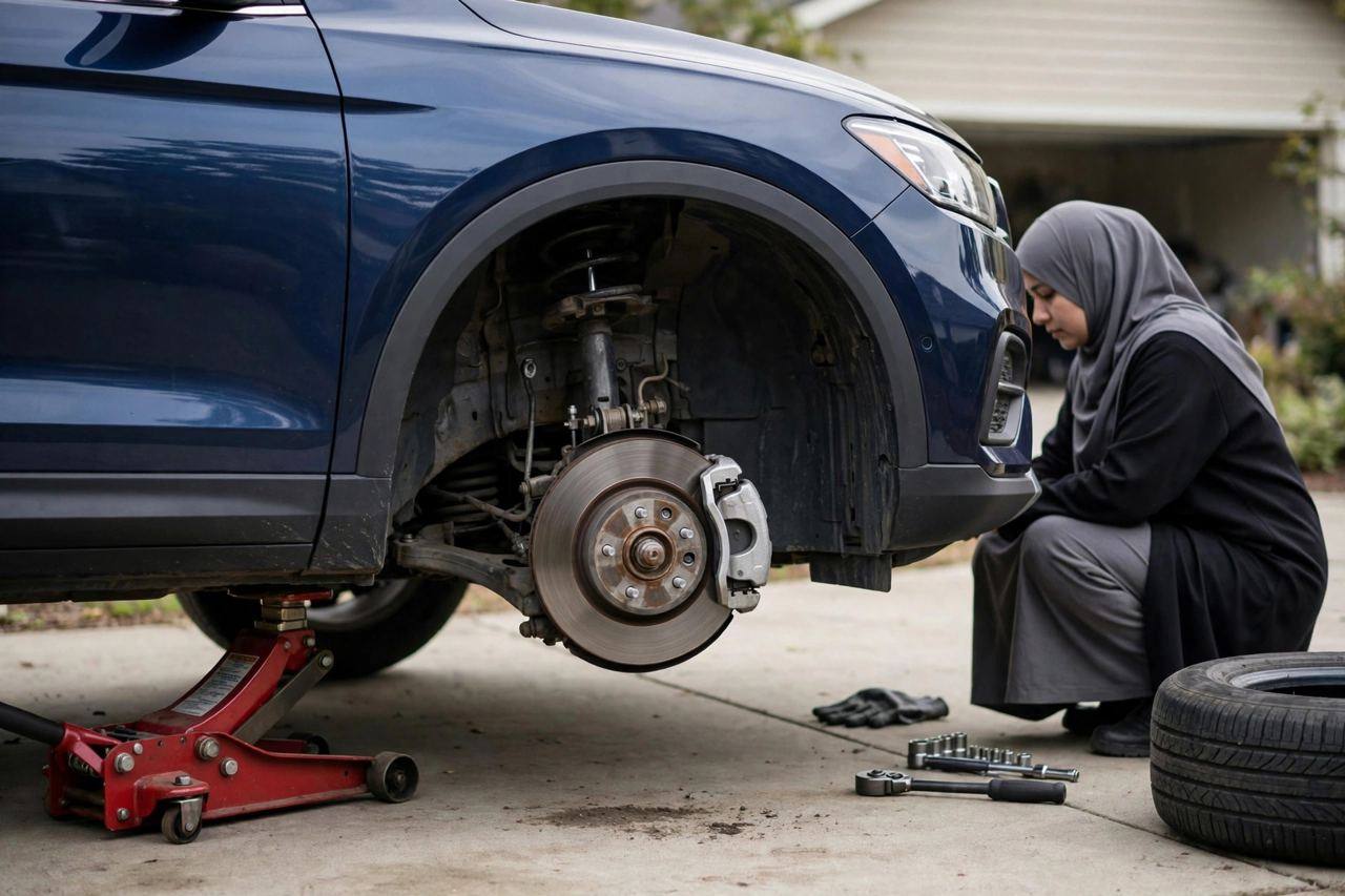 Car raised on a jack with the wheel removed, exposing the brake assembly