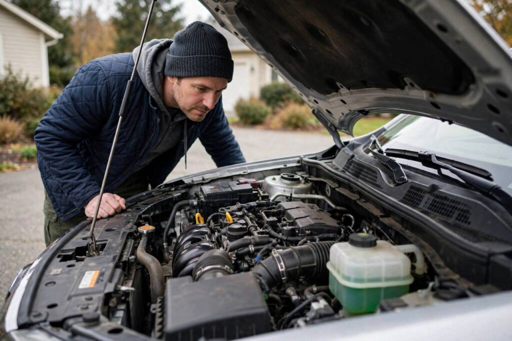 Person opening car hood to check engine coolant level