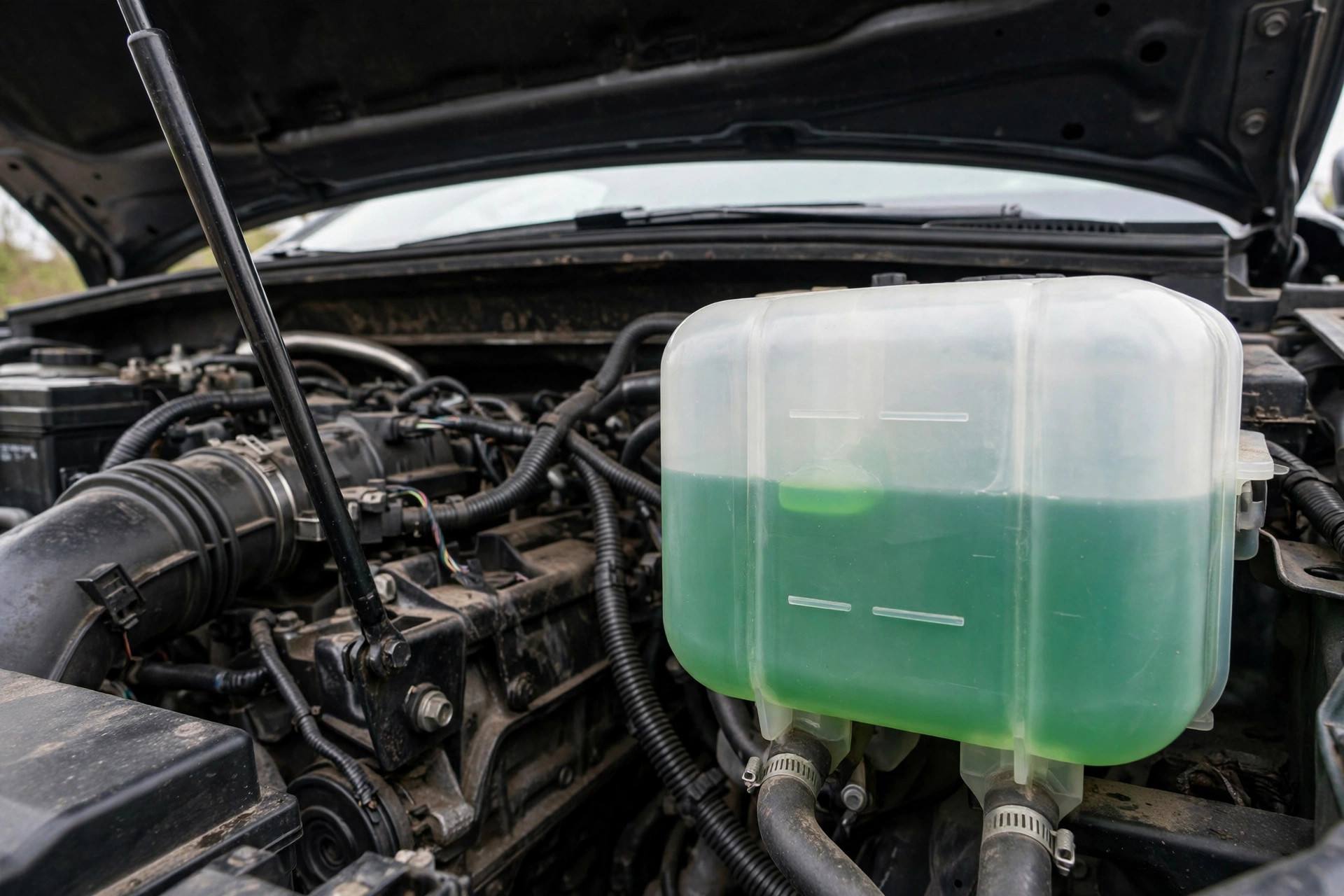 Car hood open showing the translucent coolant overflow reservoir with min and max level marks