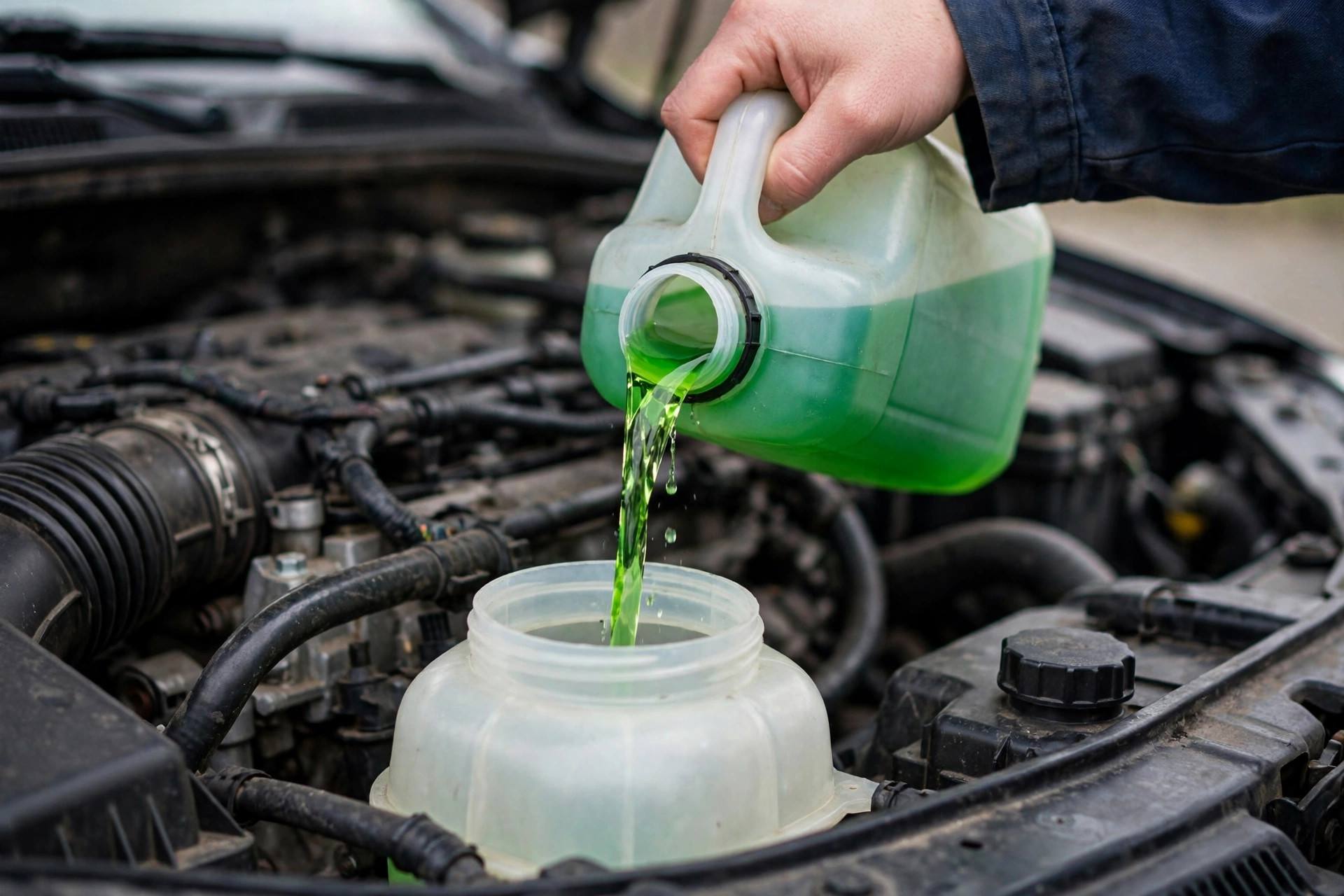 Hand pouring coolant into a car coolant reservoir from a jug