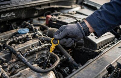 Pulling the dipstick, the first step in how to check oil level correctly