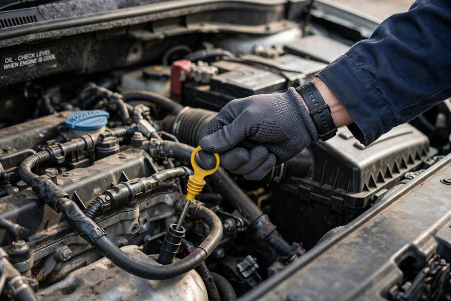 Pulling the dipstick, the first step in how to check oil level correctly