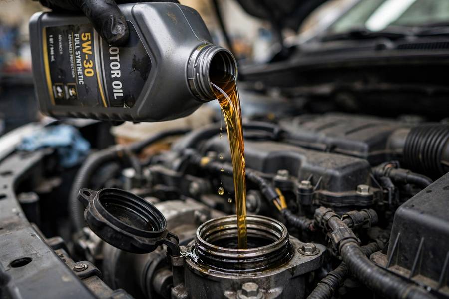 Topping up engine oil after you check oil level and find it low, the follow-up step in how to check oil level