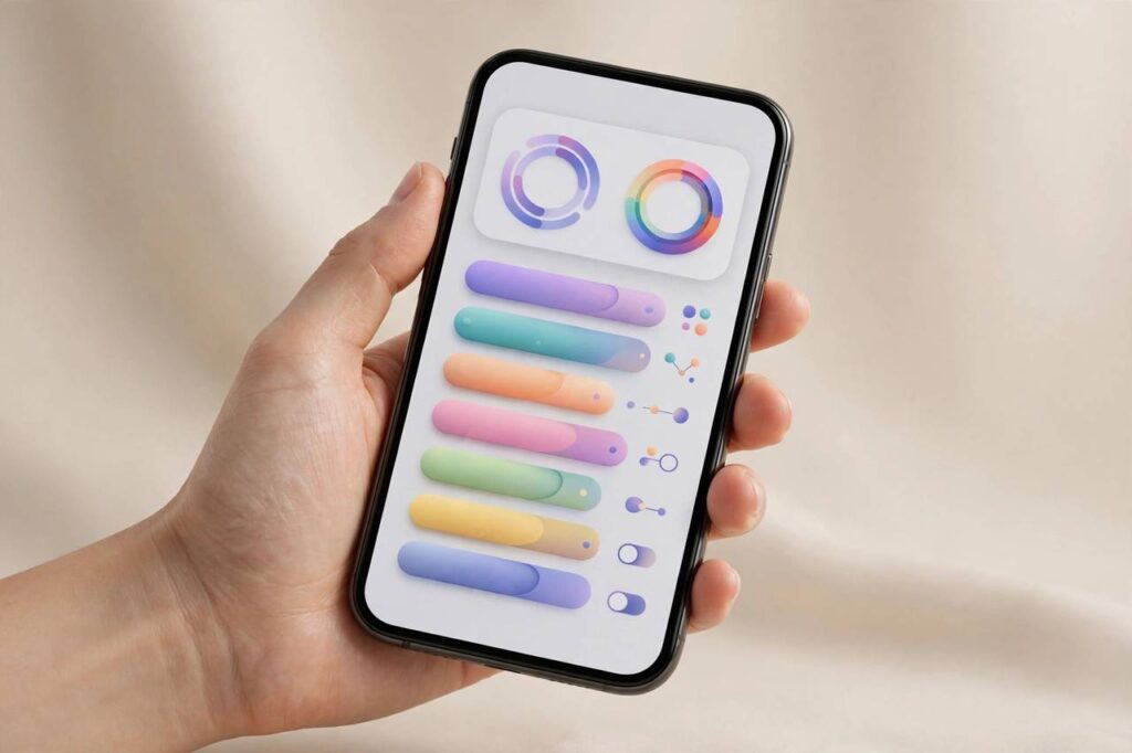 Hand holding an iPhone showing the Screen Time settings page, stylized illustration
