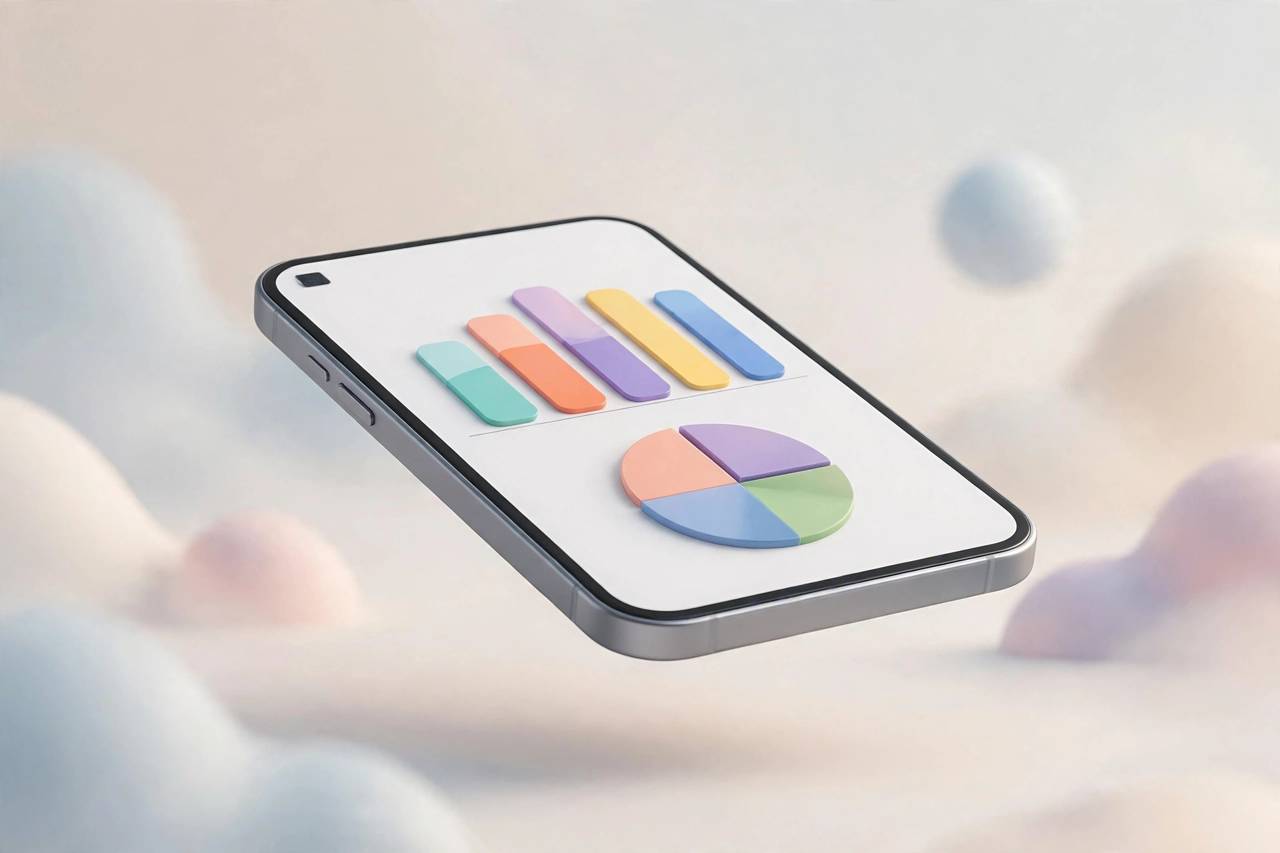 iPhone Screen Time weekly report with colorful app usage bars, stylized illustration