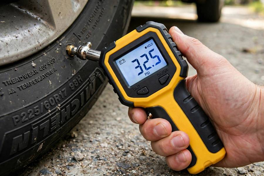 Digital gauge display showing PSI in how to check tire pressure step by step gauge