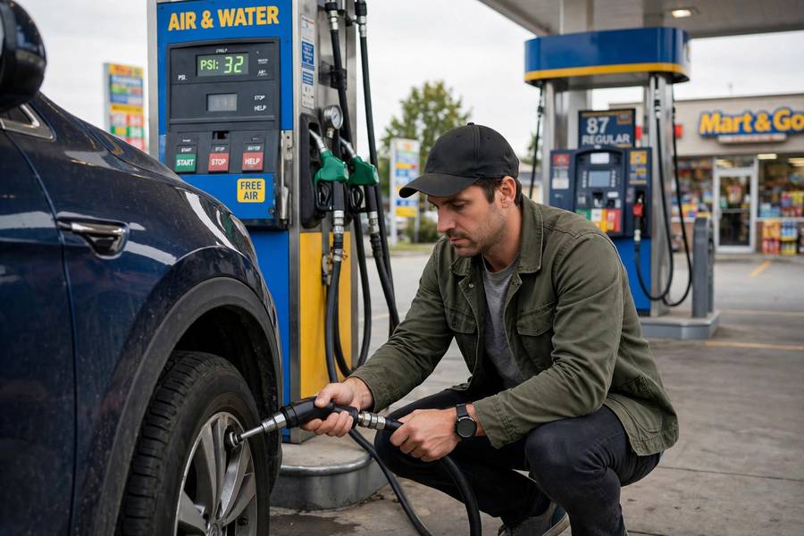 Adding air to reach correct pressure in how to check tire pressure step by step gauge