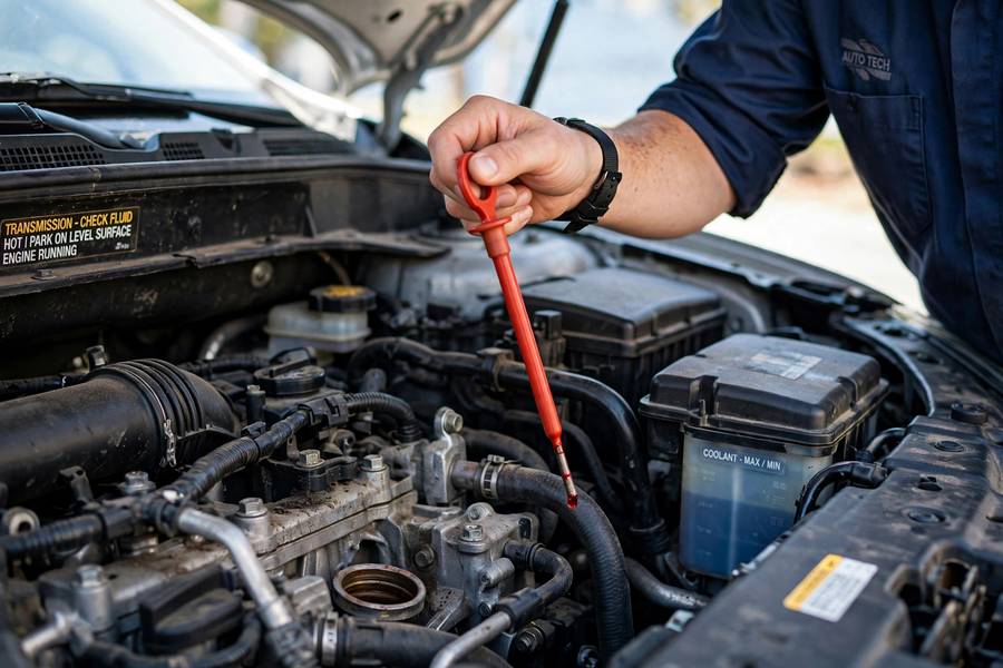 Checking transmission fluid level with the dipstick, the first step in how to check transmission fluid