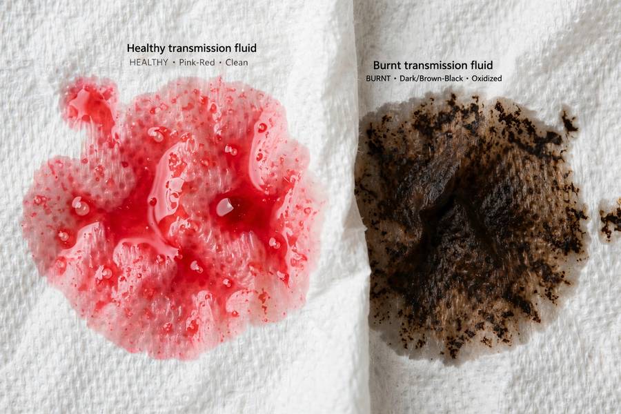 Comparing healthy vs burnt transmission fluid color when learning how to check transmission fluid