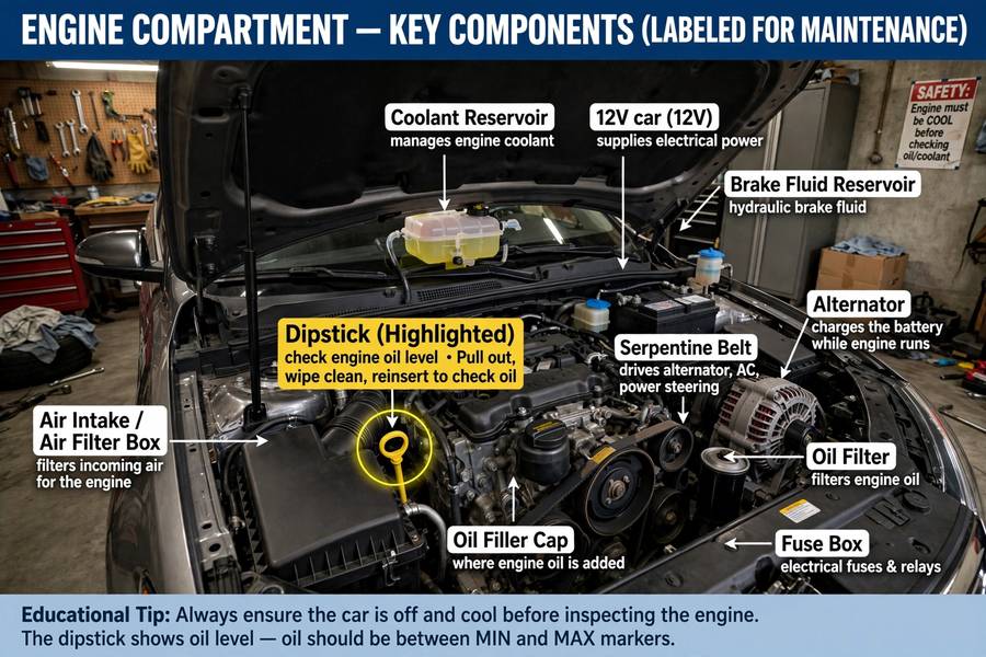 Engine bay with transmission dipstick location for how to check transmission fluid