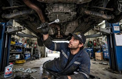 Mechanic under a lifted car locating the transmission fluid fill plug