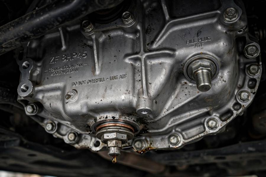 Close-up of a transmission pan showing drain plug and fill plug on a sedan