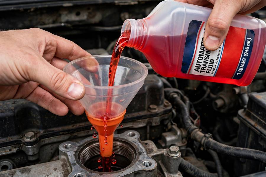 Pouring red automatic transmission fluid through a funnel into a fill hole