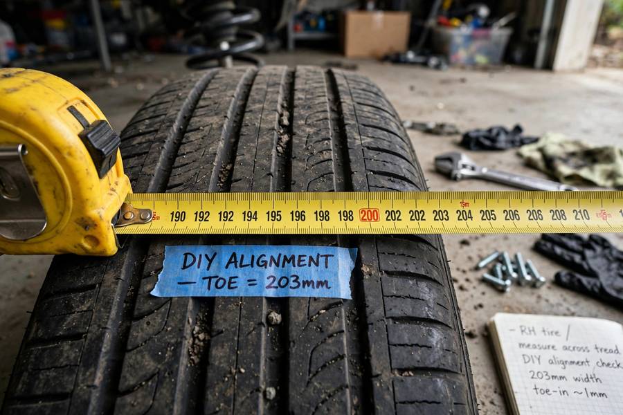 Measuring toe with a tape measure for DIY wheel alignment check