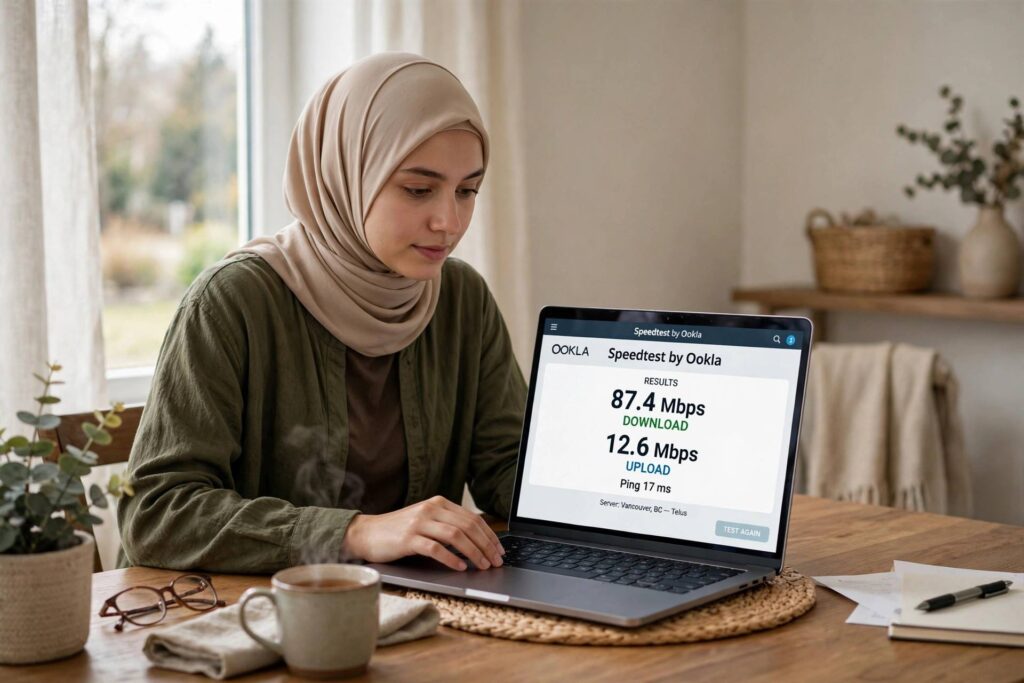 A person running a wifi speed test on a laptop at home
