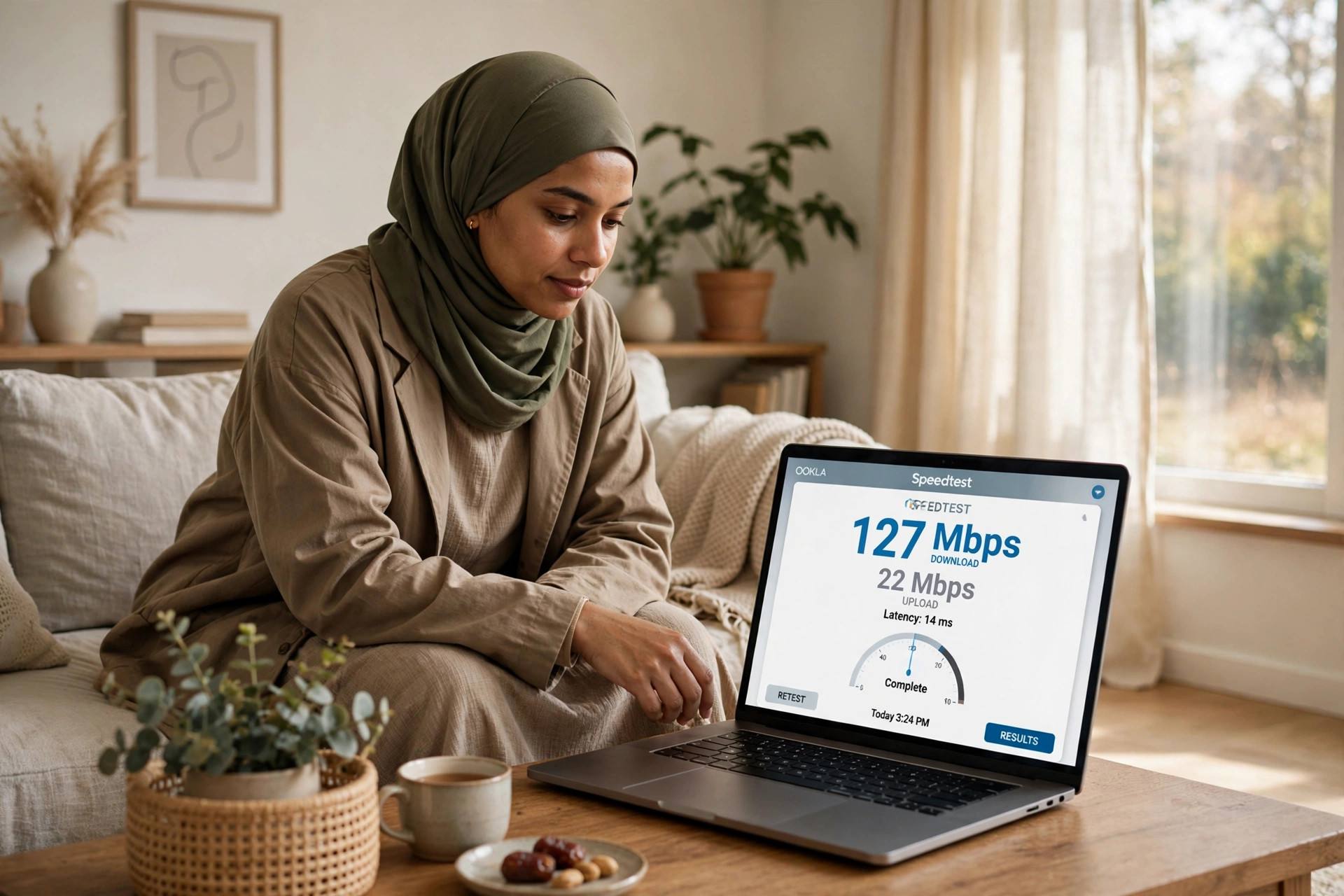 Person checking wifi speed test results on a laptop in a living room