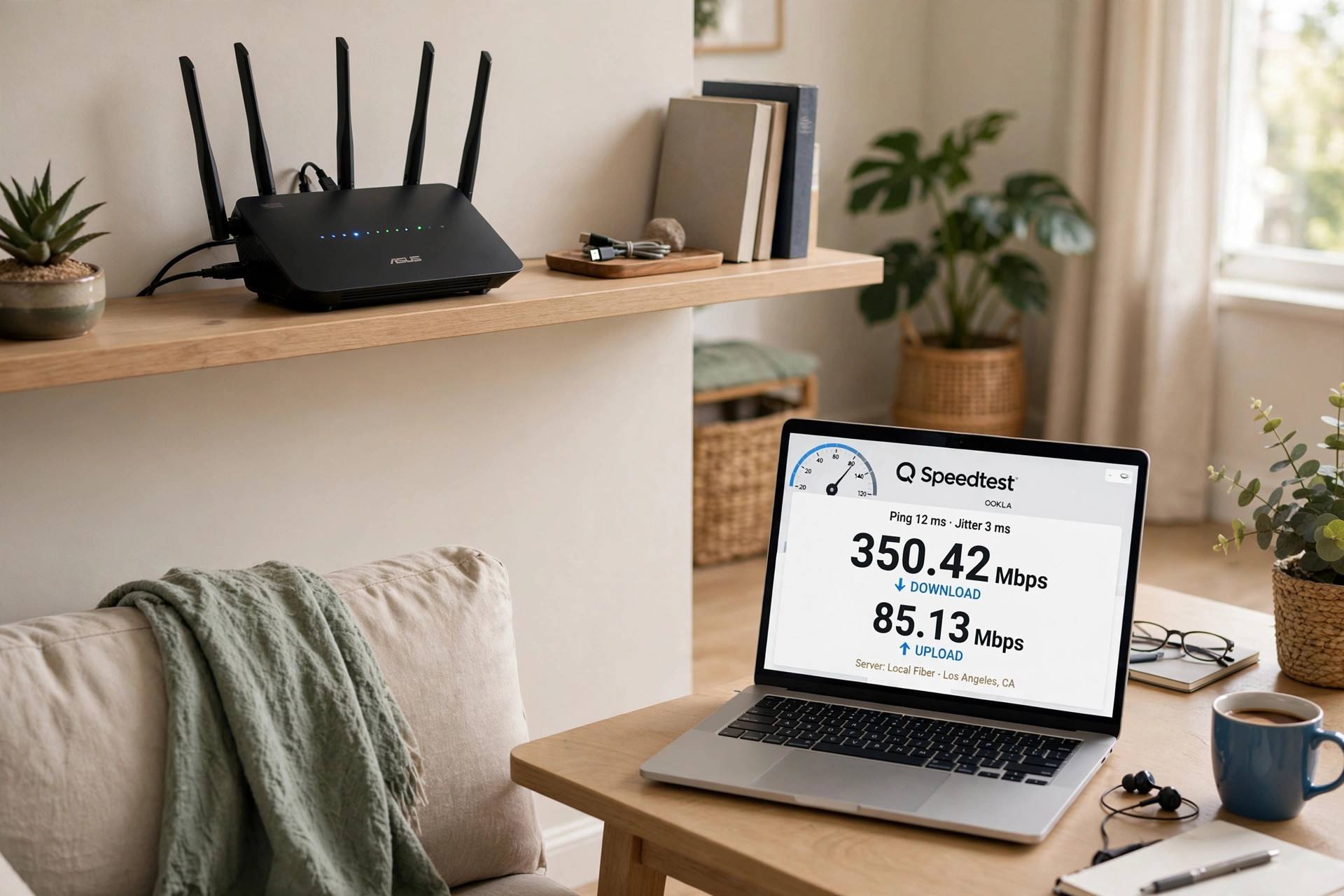 A wifi router on a shelf with a laptop showing a speed test nearby