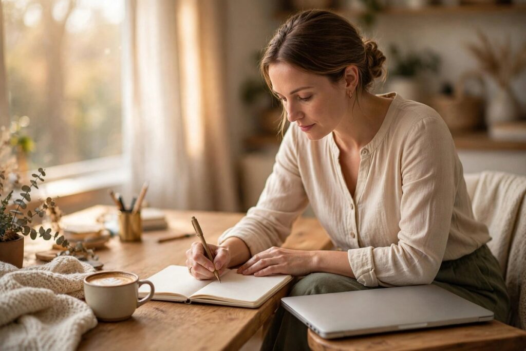 Woman brainstorming blog niche ideas in a notebook at a bright desk