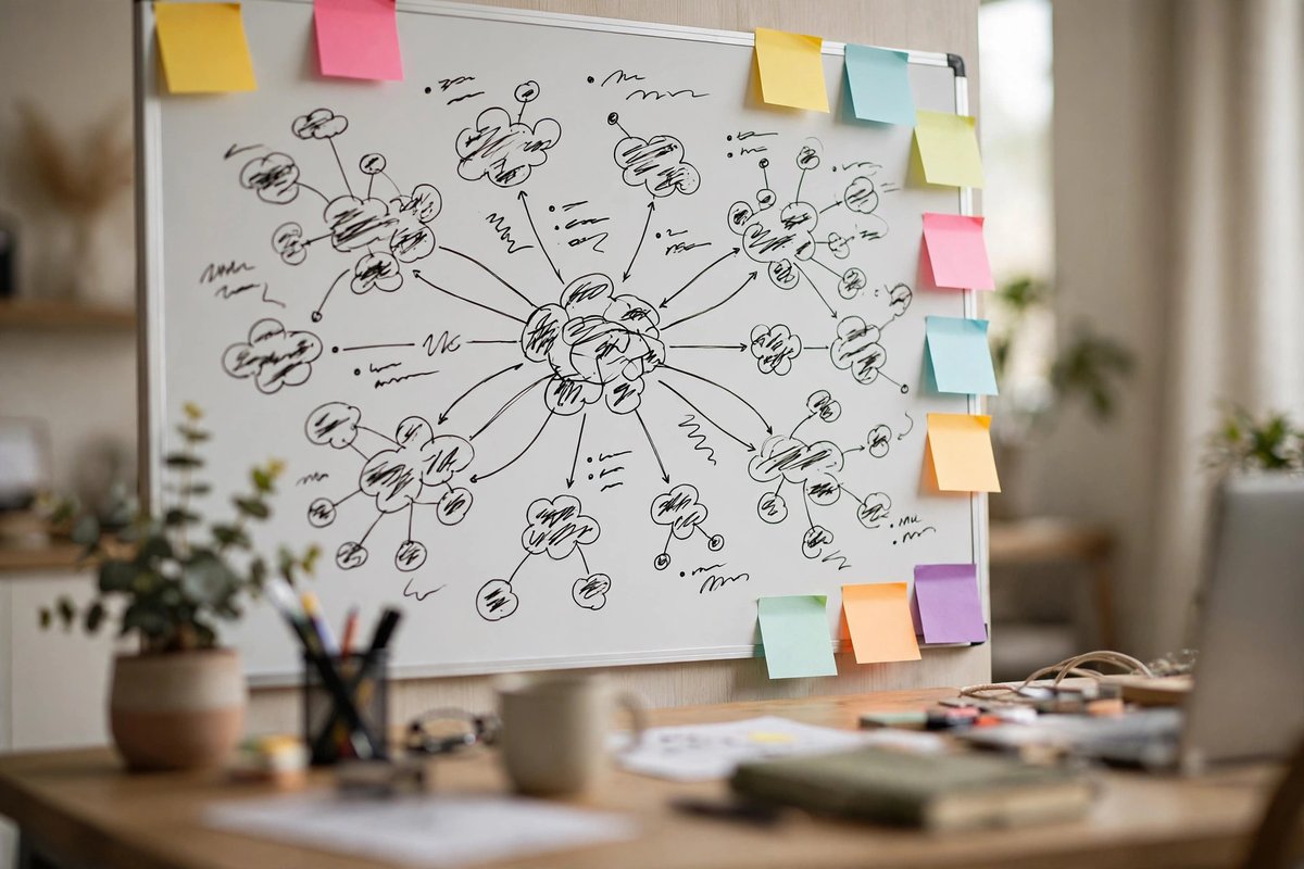 Whiteboard mind map organizing blog niche ideas by topic