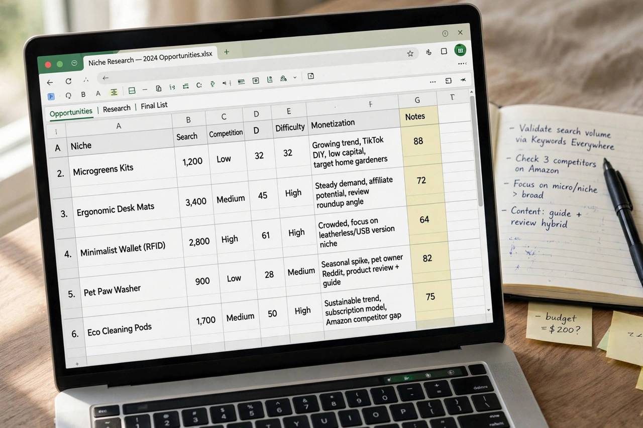 A spreadsheet on a laptop screen with niche scoring columns and notes