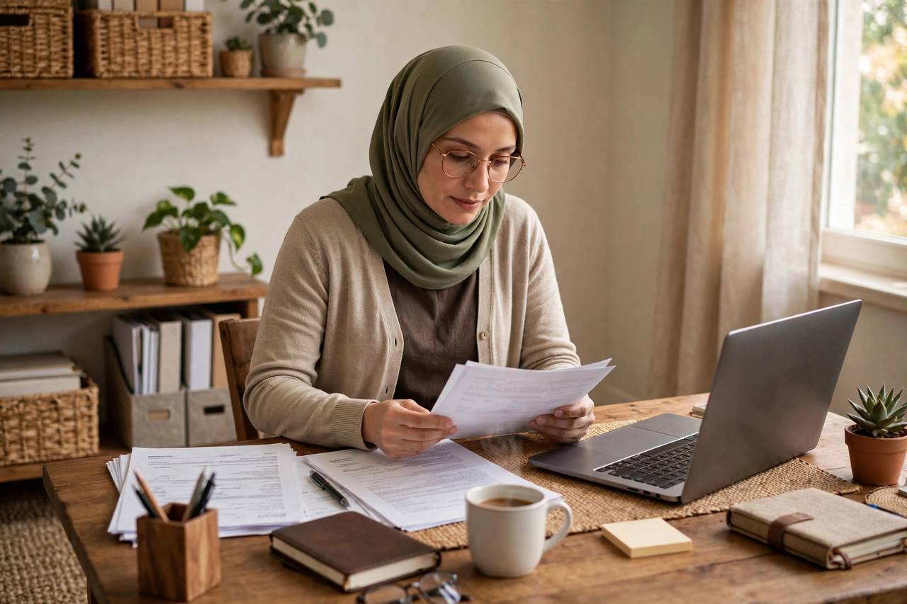 Small business owner reviewing paperwork and a laptop at a desk in a home office