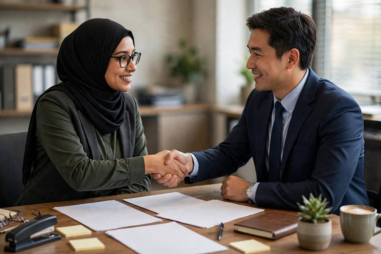 Two business partners shaking hands over a desk with signed documents