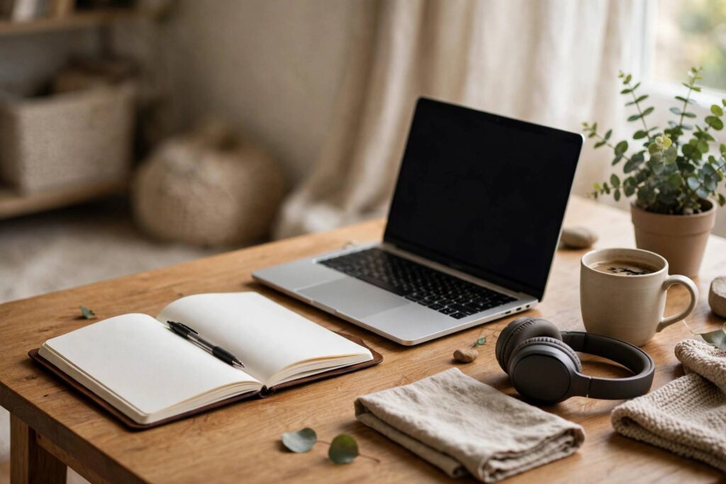 Blogger workspace with notebook and laptop