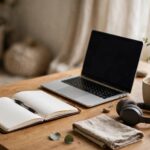 How to Choose a Domain Name: 12 Tips for Bloggers Blogger workspace with notebook and laptop