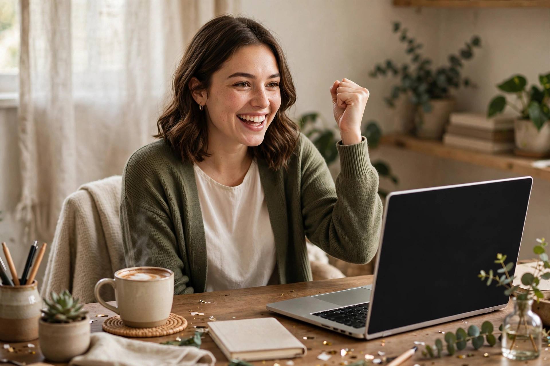 New blogger celebrating with laptop and coffee at desk