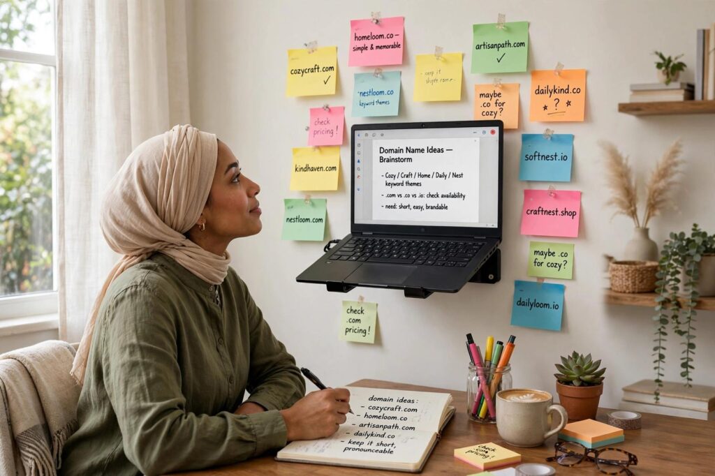 Blogger brainstorming domain name ideas on sticky notes around a laptop