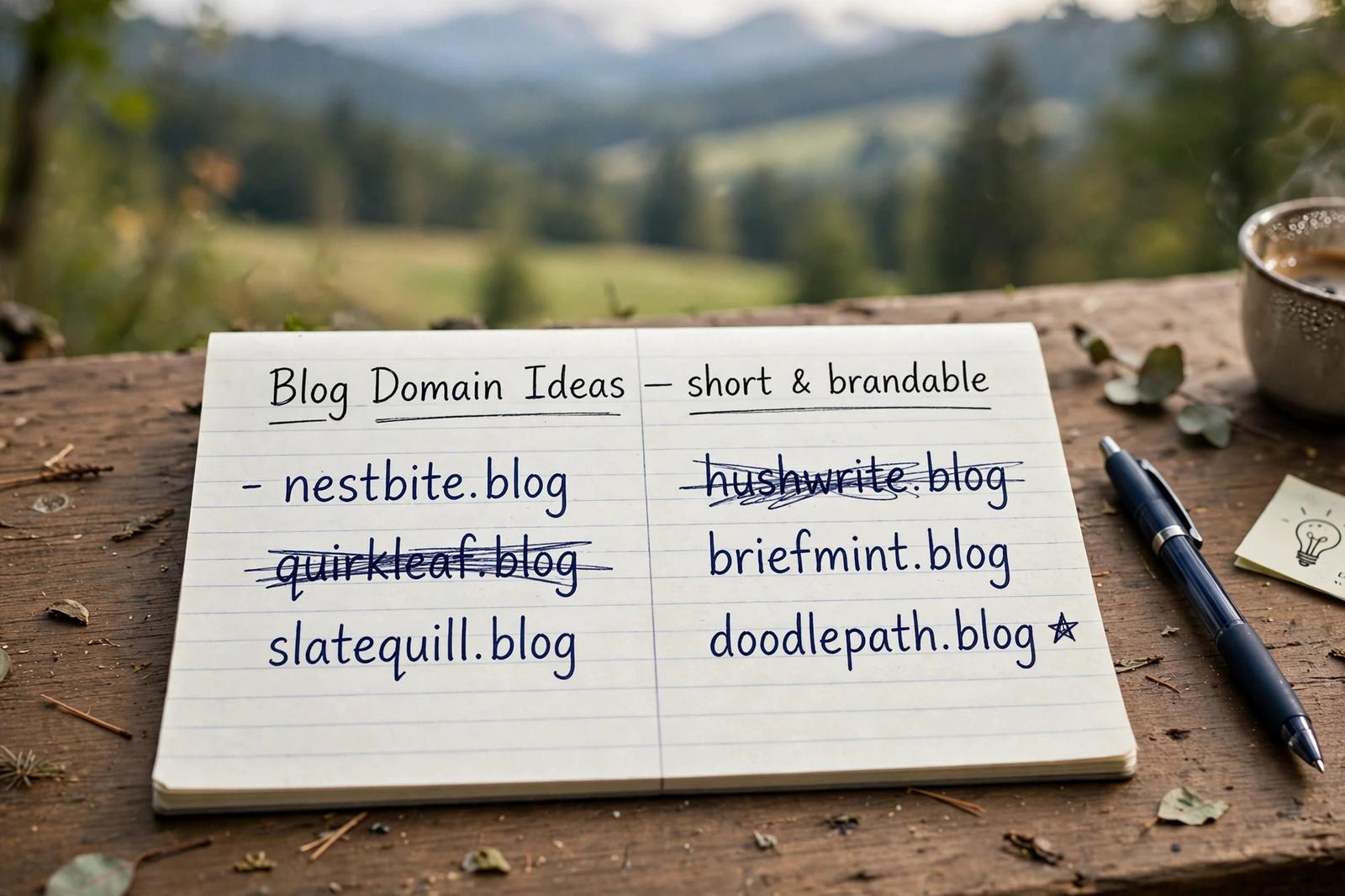 Comparing short brandable blog domain names on a notepad