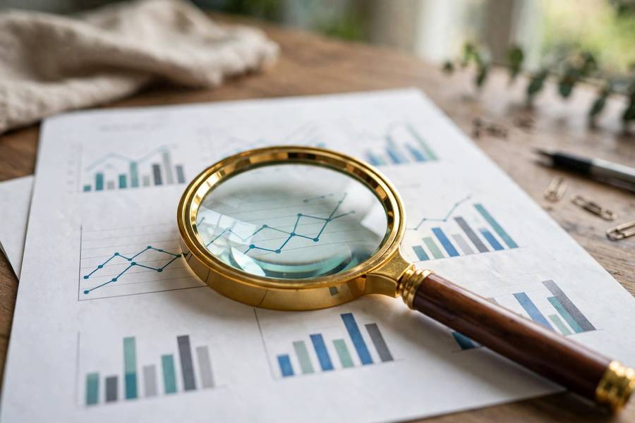 Magnifying glass over trending product charts and analytics