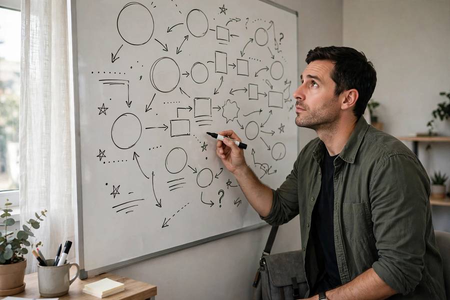 Business owner planning niche strategy on a whiteboard