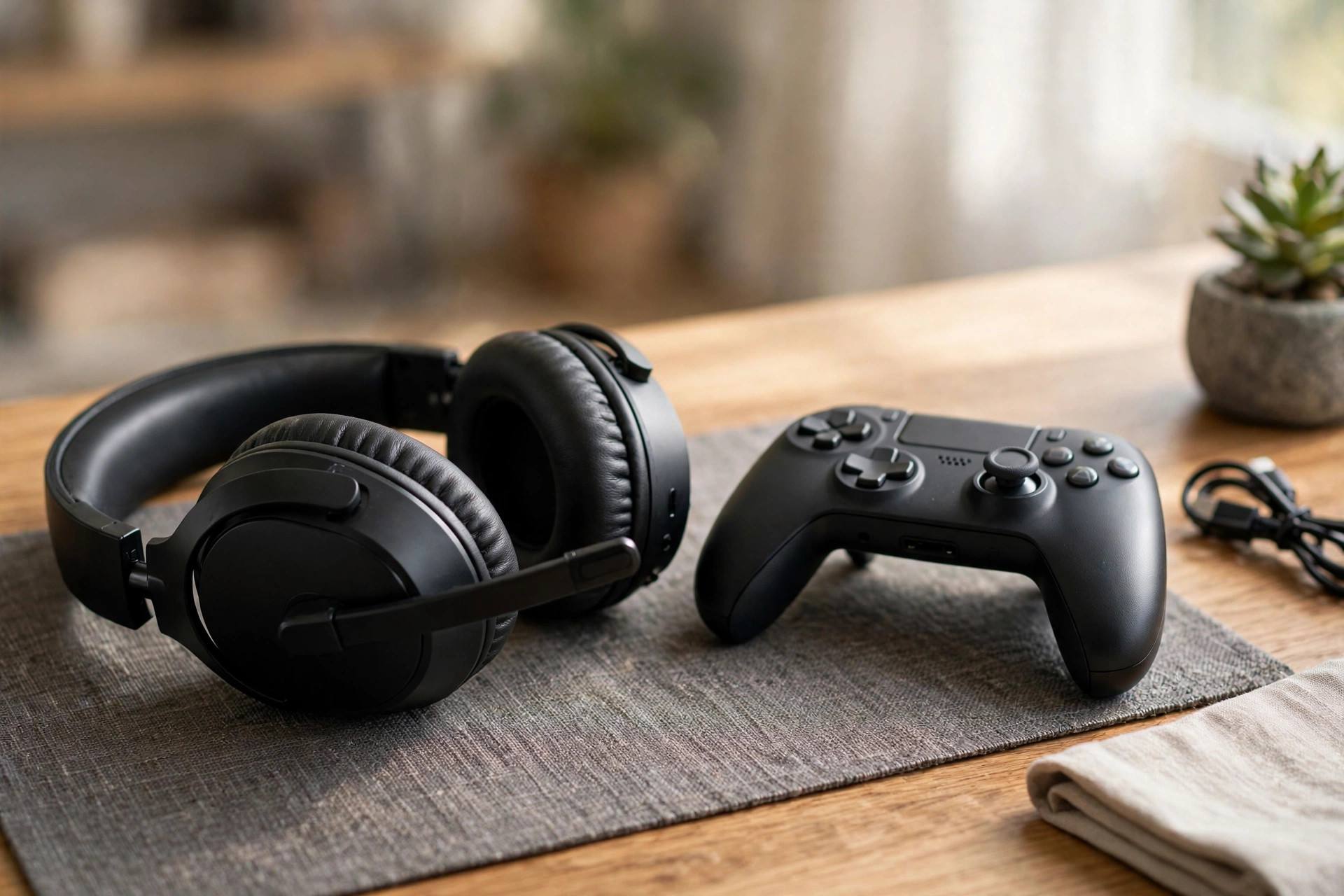 A wireless gaming headset resting on a desk next to a controller