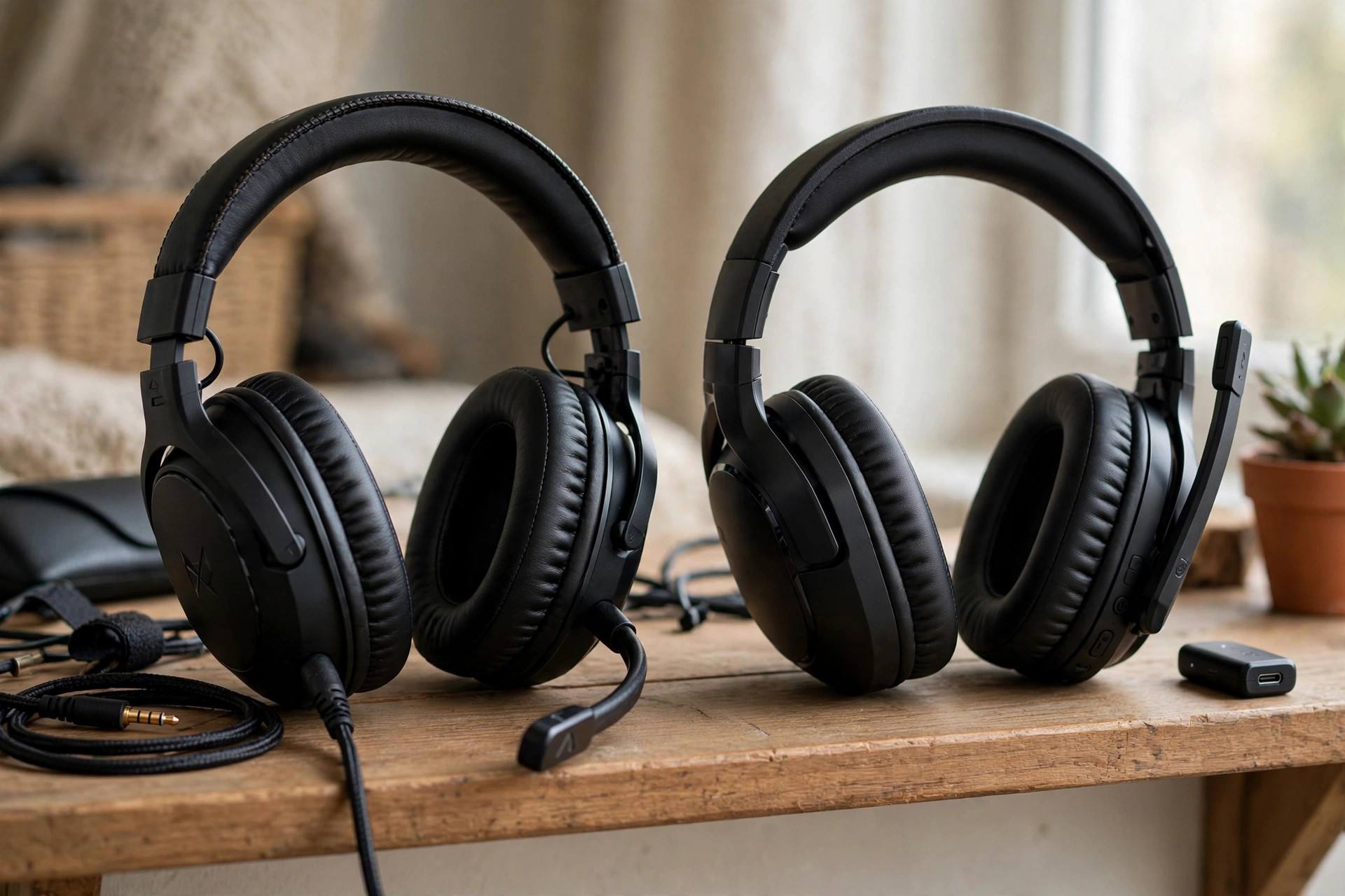 Side-by-side comparison of a wired and wireless gaming headset on a shelf