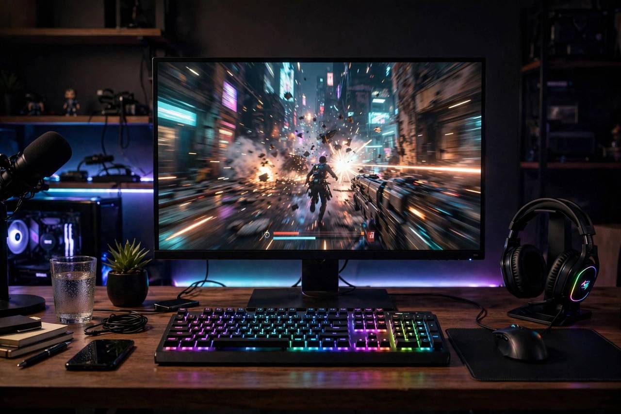 Gaming setup with monitor displaying a fast-paced game and RGB keyboard