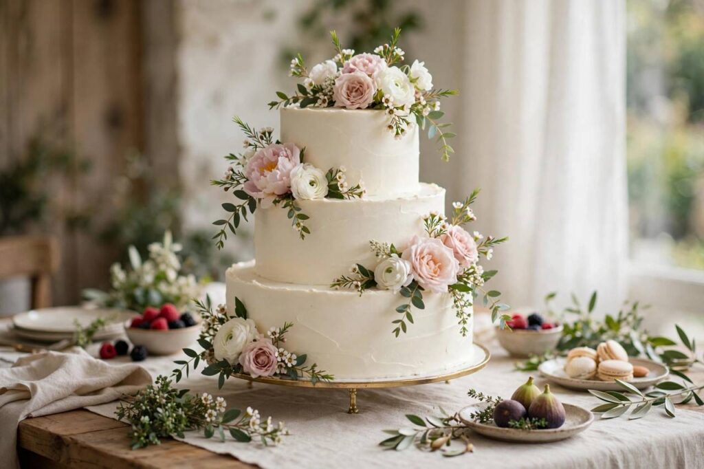 An elegant three-tier wedding cake with buttercream frosting and fresh flowers