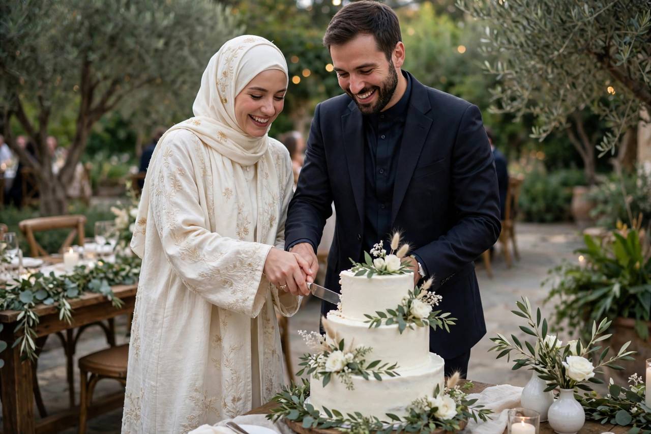 A couple in modest wedding attire cutting their wedding cake together