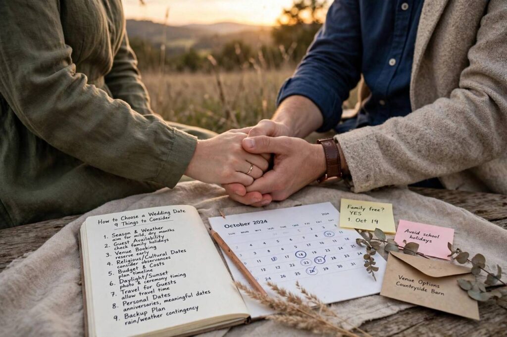 Couple holding hands at sunset with a calendar and wedding plans nearby
