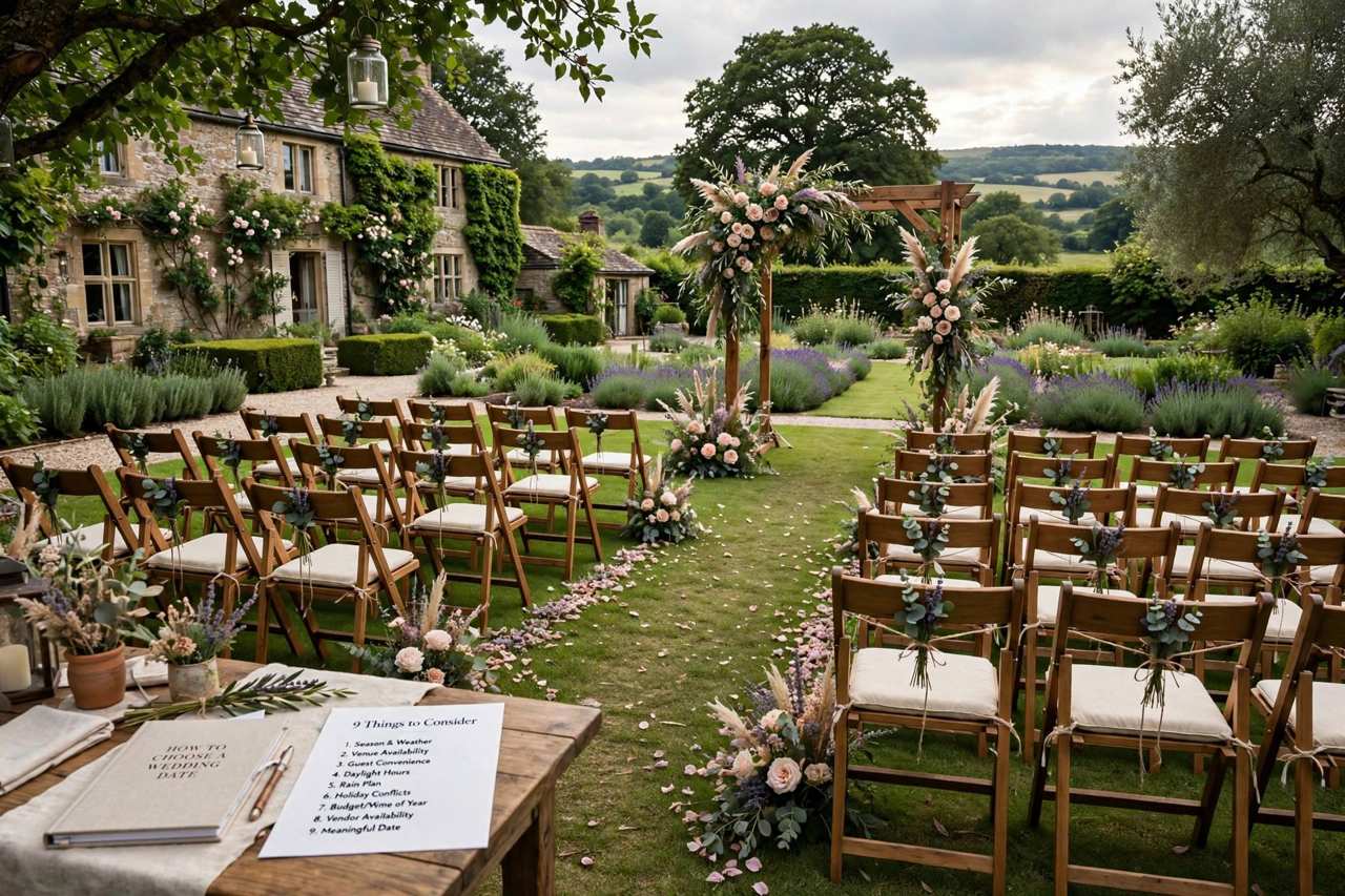 Elegant wedding venue garden set up for an outdoor ceremony