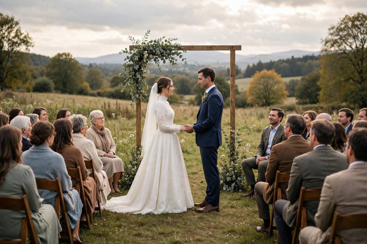 Bride and groom exchanging vows in front of wedding guests