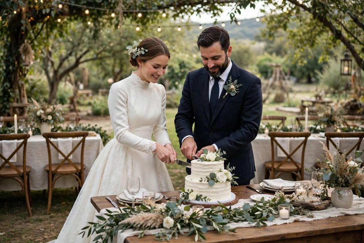 Wedding couple cutting their cake at a beautifully decorated reception
